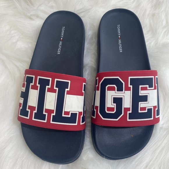 SOLD TOMMY HILFIGER "Hilfiger" Sandals Slides Red White Blue NWOT - Picture 6 of 9